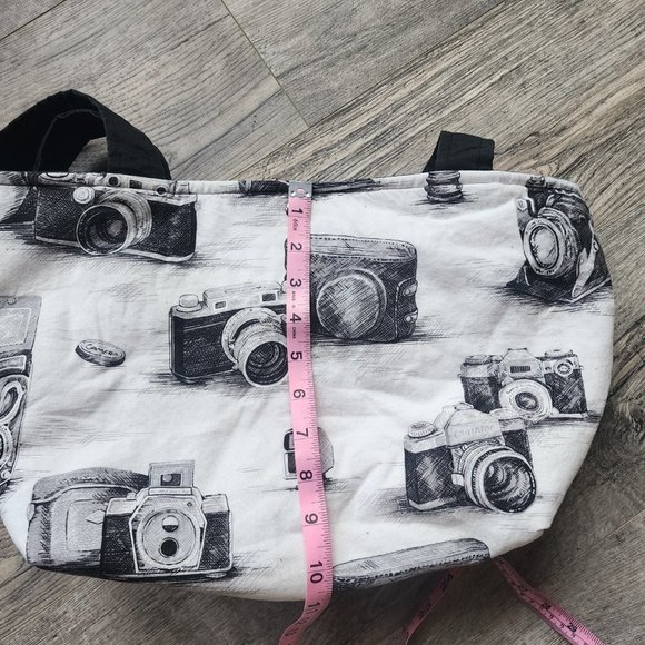 Large Sketched Camera Handmade Black and White Tote Bag 16x10 - Picture 3 of 5